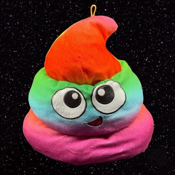 Six Flags Rainbow Poop Emoji Hat Plush Large Smiling 10”W 11”T - Picture 1 of 5